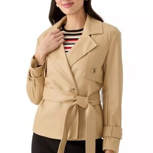 NWT Anne Klein Vegan Leather Belted Short Trench Jacket Coffee/ Cream Size 10.